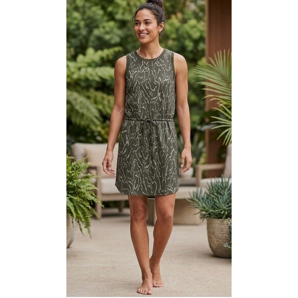 Athleta Olive Green Abstract Print Drawstring Dress Womens XL Excellent